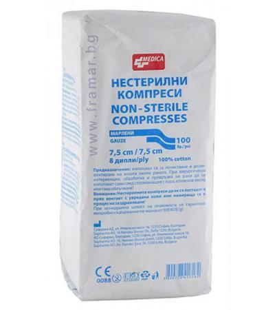 КОМПРЕСИ НЕСТЕРИЛНИ 7.5 см./7.5 см. * 8 ДИПЛИ * 100 БР