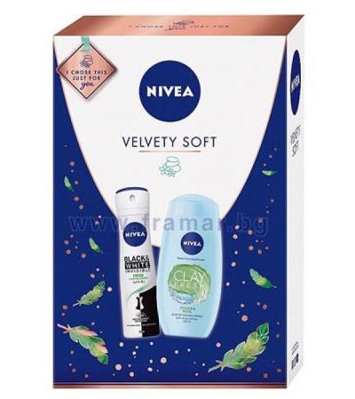 НИВЕА КОМПЛЕКТ VELVETY SOFT ДЕЗОДОРАНТ ИНВИЗИБЪЛ ФОР БЛЕК ЕНД УАЙТ ФРЕШ 150 мл + ДУШ ГЕЛ С ГЛИНА И АРОМАТ НА БОСИЛЕК И ДЖИНДЖИФИЛ 250 мл