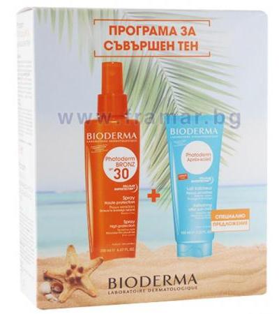 БИОДЕРМА ФОТОДЕРМ КОМПЛЕКТ БРОНЗ БРОНЗИРАЩ СПРЕЙ SPF 30 200 мл + АПРЕ-СОЛЕЙ ХИДРАТИРАЩО МЛЯКО ЗА СЛЕД СЛЪНЦЕ 100 мл
