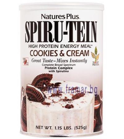 НЕЙЧЪРС ПЛЮС SPIRU - TEIN ПРОТЕИНОВ ШЕЙК С ВКУС НА КРЕМ С БИСКВИТКИ 525 гр.