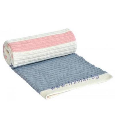 КИКА БО ПЛЕТЕНО ОДЕЯЛО STRIPES СВЕТЛО СИНЬО / РОЗОВО