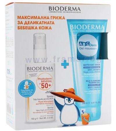 БИОДЕРМА ФОТОДЕРМ КОМПЛЕКТ - МИНЕРАЛ СЛЪНЦЕЗАЩИТЕН СПРЕЙ SPF 50+ 100 мл + АВС ДЕРМ ДУШ ГЕЛ ЗА КОСА И ТЯЛО 200 мл
