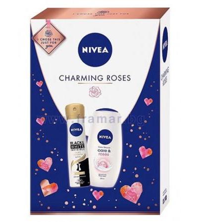 НИВЕА КОМПЛЕКТ CHARMING ROSES ДЕЗОДОРАНТ ИНВИЗИБЪЛ БЛЕК ЕНД УАЙТ СИЛКИ СМУТ 150 мл + ДУШ ГЕЛ КЕЪР ЕНД РОУЗИС 250 мл